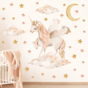 Adesivi murali per bambini – Unicorno, Pegaso, stelle e luna (dimensione XL)