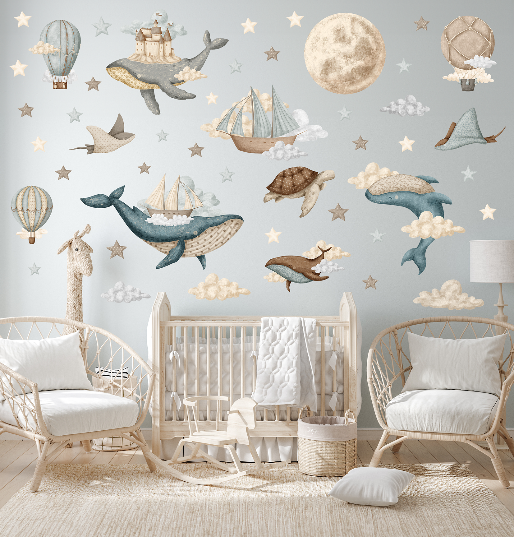 Adesivi murali XL – Palloncini, navi, balene, stelle, nuvole e luna