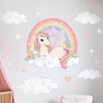 Adesivi murali per bambini – Unicorno, Pegaso, arcobaleno, nuvole, stelle e cuori in colori pastello