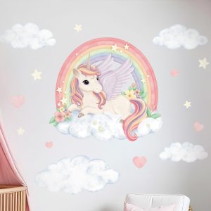 Adesivi murali per bambini – Unicorno, Pegaso, arcobaleno, nuvole, stelle e cuori in colori pastello