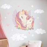 Adesivi murali per bambini – Unicorni, mamma e puledro, cuori, stelle, colori pastello