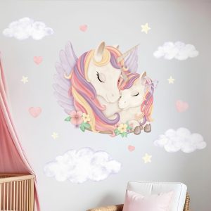 Adesivi murali per bambini – Unicorni, mamma e puledro, cuori, stelle, colori pastello