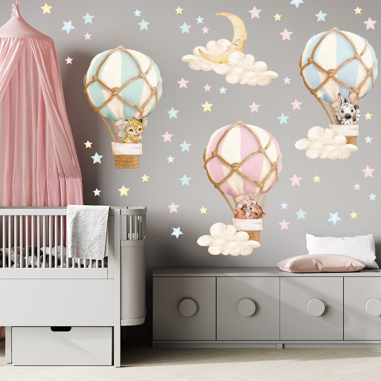 Adesivi murali – Palloncini, animali, stelle e luna in toni pastello blu