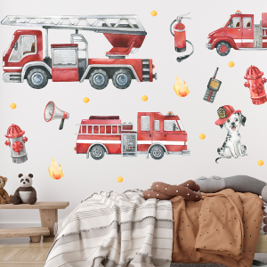 Adesivi murali per bambini – Camion dei pompieri, pompieri e accessori