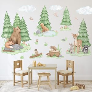 Adesivi murali – Animali del bosco: orso, volpe, cerbiatta, gufo, alberi