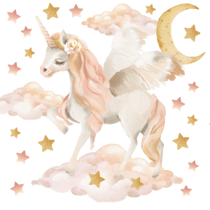 Adesivi murali per bambini – Unicorno, Pegaso, stelle e luna (dimensione XL)