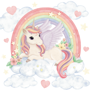 Adesivi murali per bambini – Unicorno, Pegaso, arcobaleno, nuvole, stelle e cuori in colori pastello