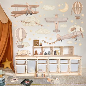 Adesivi murali – Aerei, mongolfiere e stelle in tonalità beige e marroni