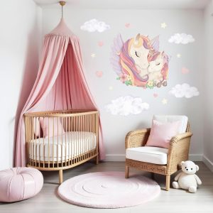 Adesivi murali per bambini – Unicorni, mamma e puledro, cuori, stelle, colori pastello