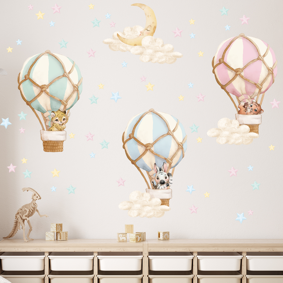 Adesivi murali – Palloncini, animali, stelle e luna in toni pastello blu - immagine 2