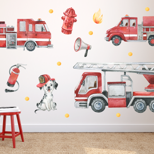 Adesivi murali per bambini – Camion dei pompieri, pompieri e accessori