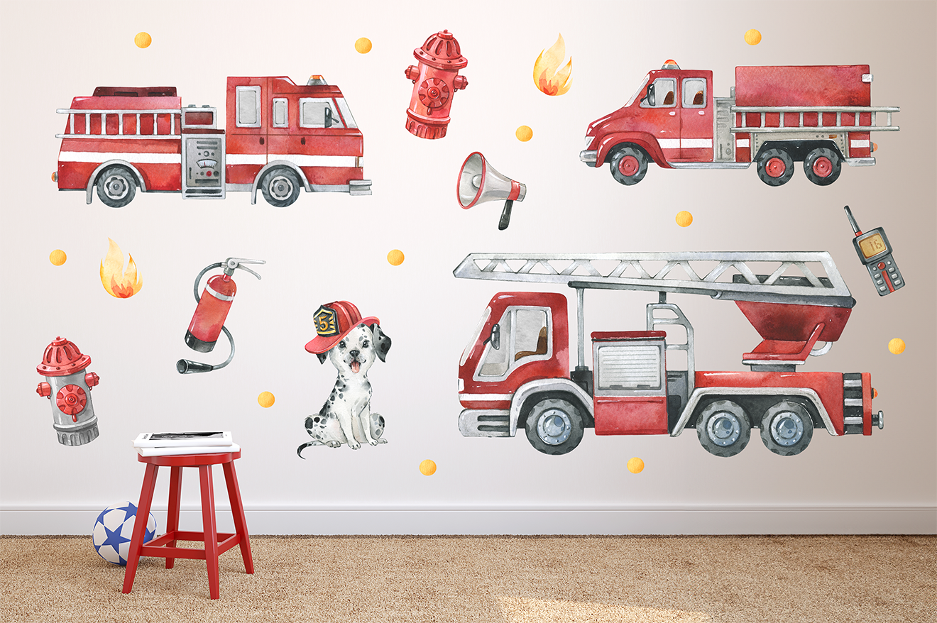 Adesivi murali per bambini – Camion dei pompieri, pompieri e accessori - immagine 2