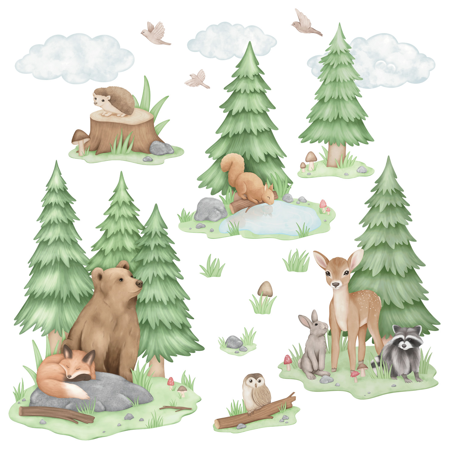 Adesivi murali – Animali del bosco: orso, volpe, cerbiatta, gufo, alberi - immagine 5