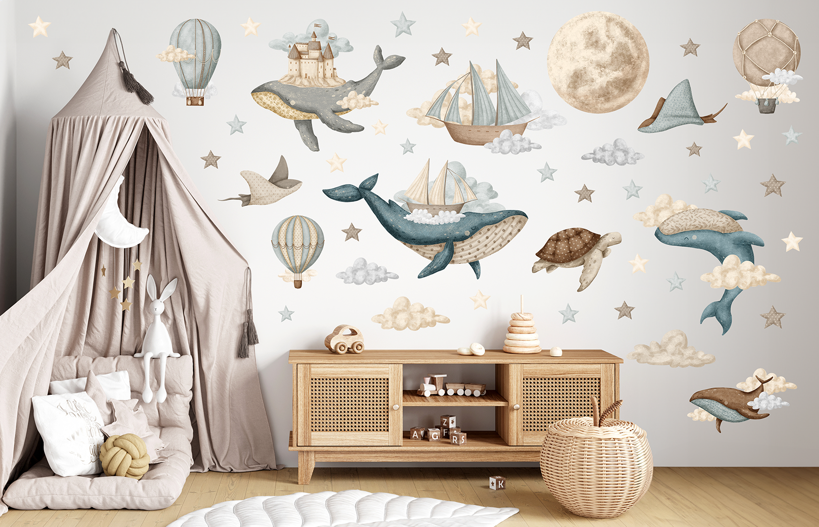 Adesivi murali XL – Palloncini, navi, balene, stelle, nuvole e luna - immagine 3