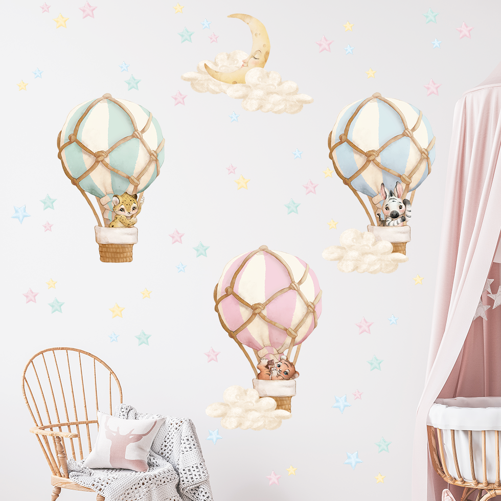 Adesivi murali – Palloncini, animali, stelle e luna in toni pastello blu - immagine 3