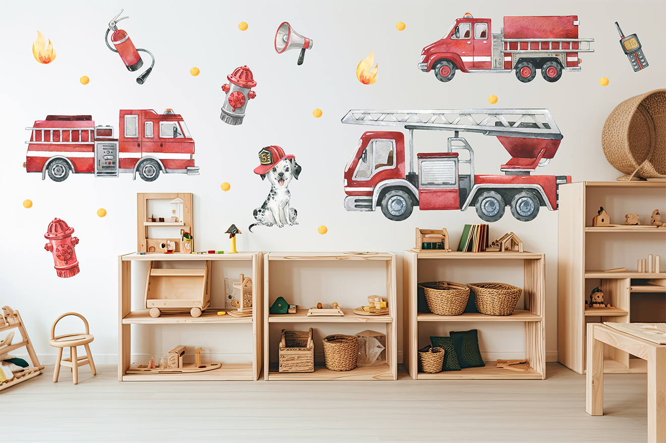 Adesivi murali per bambini – Camion dei pompieri, pompieri e accessori - immagine 3