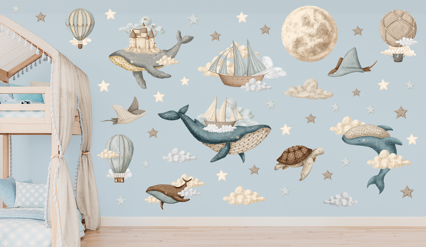 Adesivi murali XL – Palloncini, navi, balene, stelle, nuvole e luna - immagine 4
