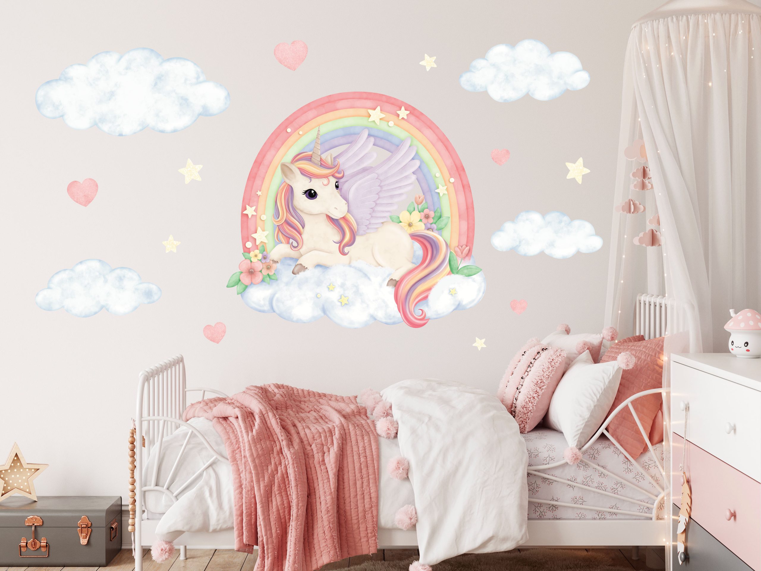 Adesivi murali per bambini – Unicorno, Pegaso, arcobaleno, nuvole, stelle e cuori in colori pastello - immagine 4
