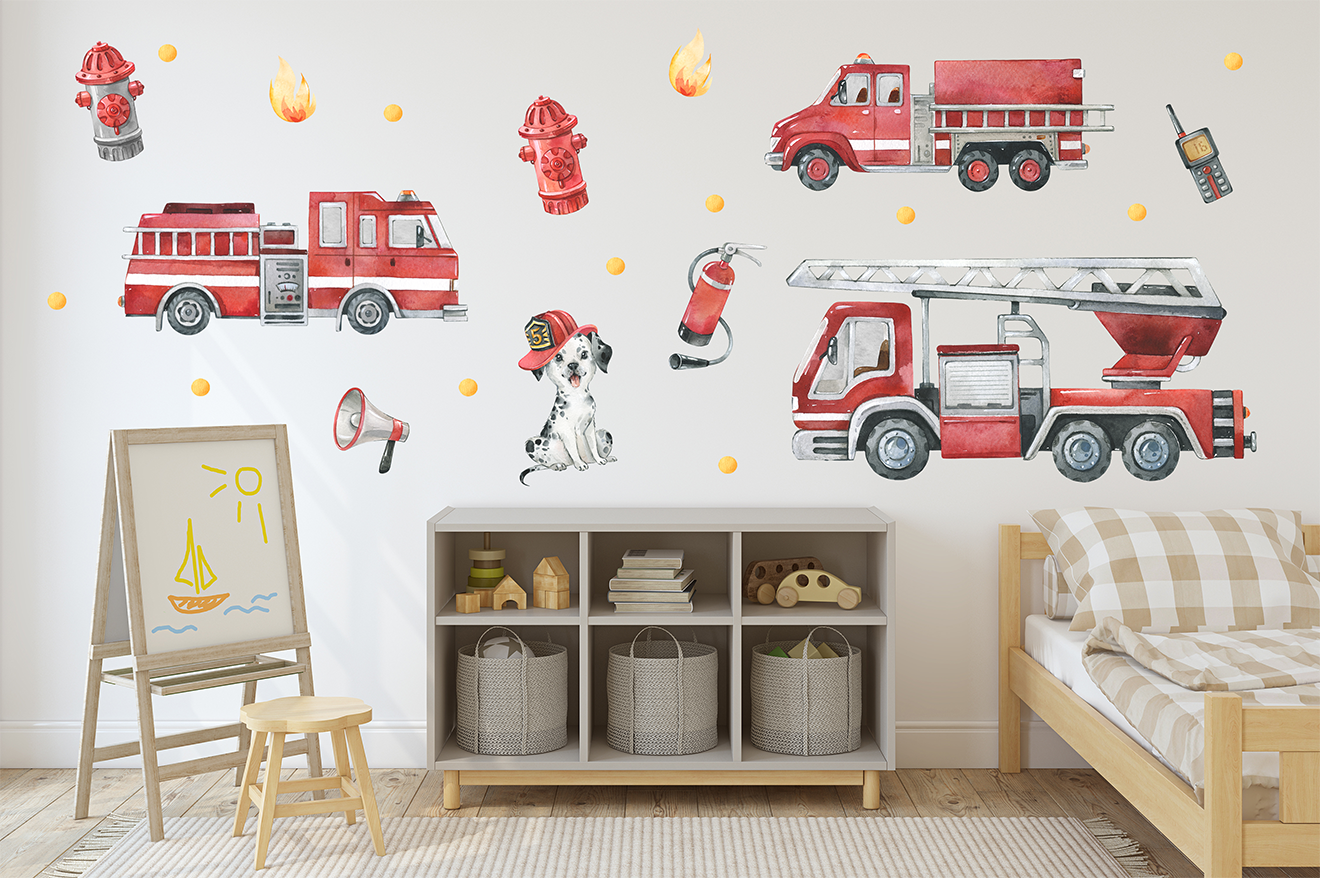 Adesivi murali per bambini – Camion dei pompieri, pompieri e accessori - immagine 4