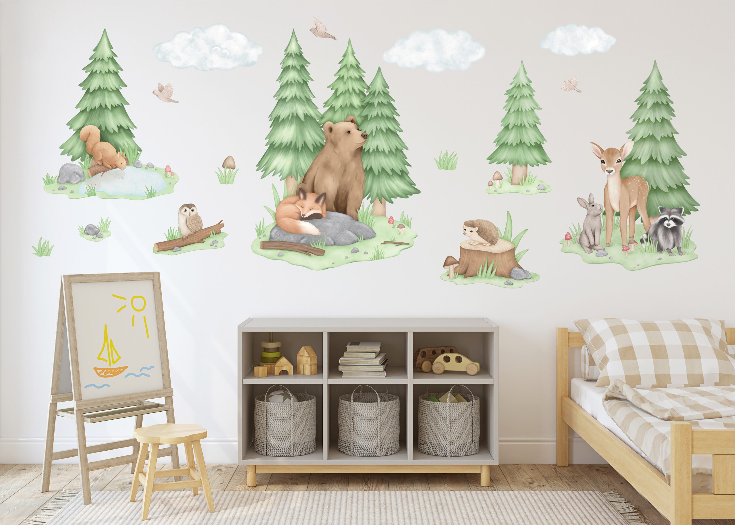 Adesivi murali – Animali del bosco: orso, volpe, cerbiatta, gufo, alberi - immagine 7