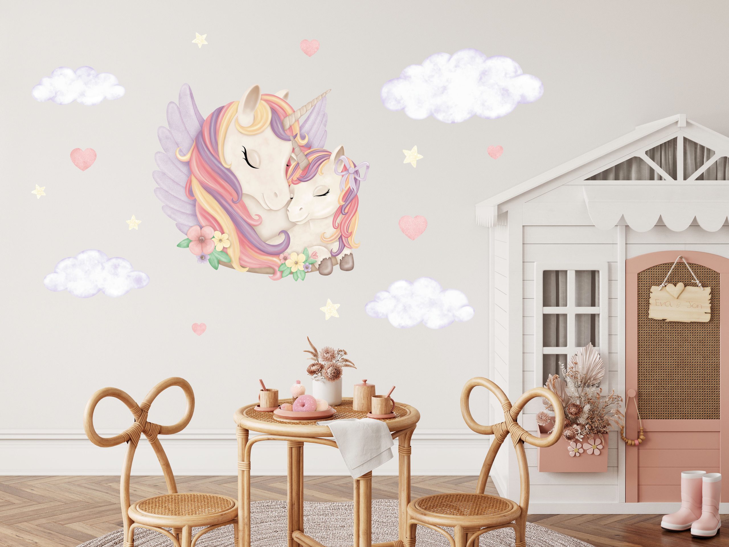 Adesivi murali per bambini – Unicorni, mamma e puledro, cuori, stelle, colori pastello - immagine 5