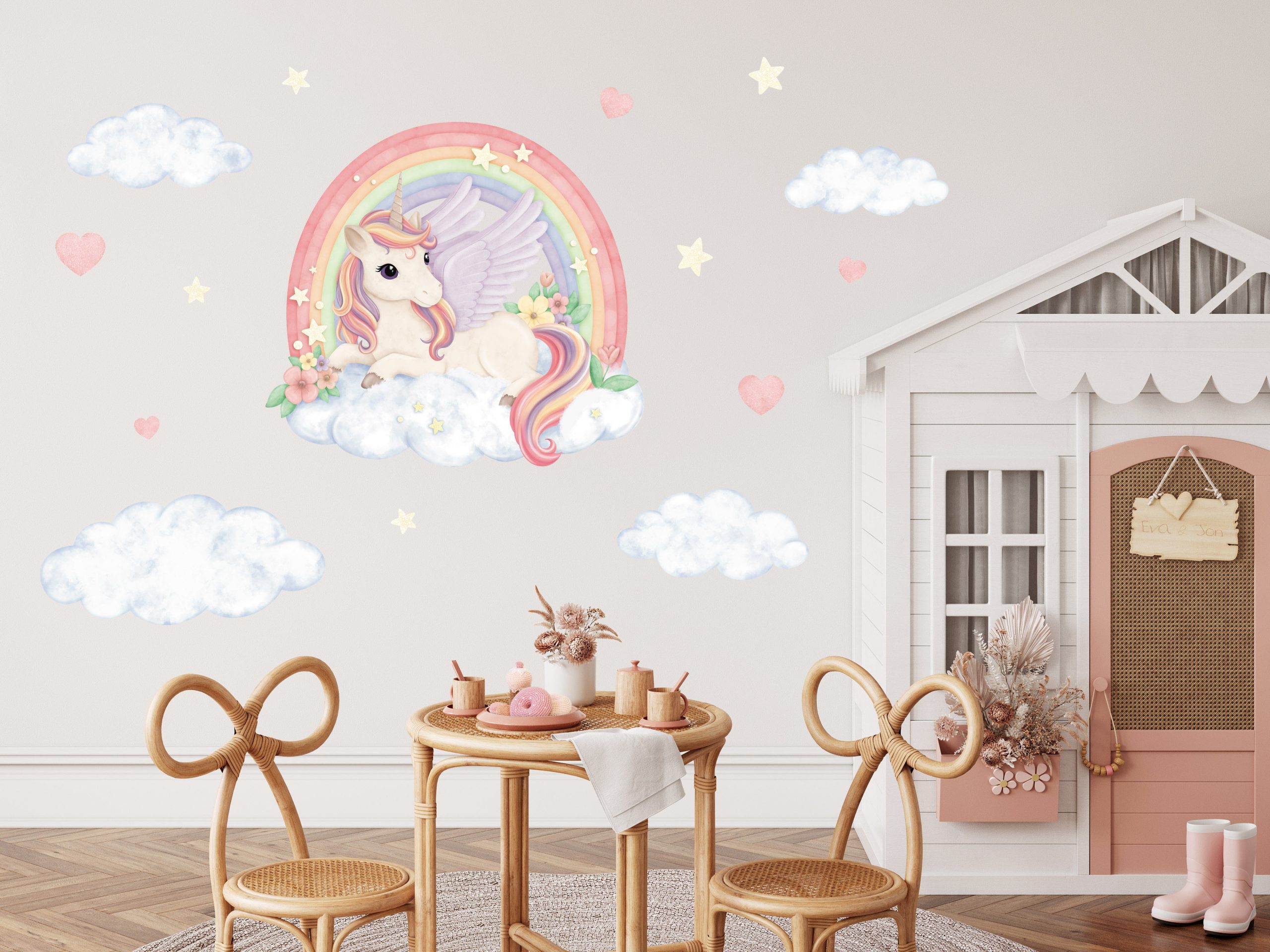 Adesivi murali per bambini – Unicorno, Pegaso, arcobaleno, nuvole, stelle e cuori in colori pastello - immagine 6