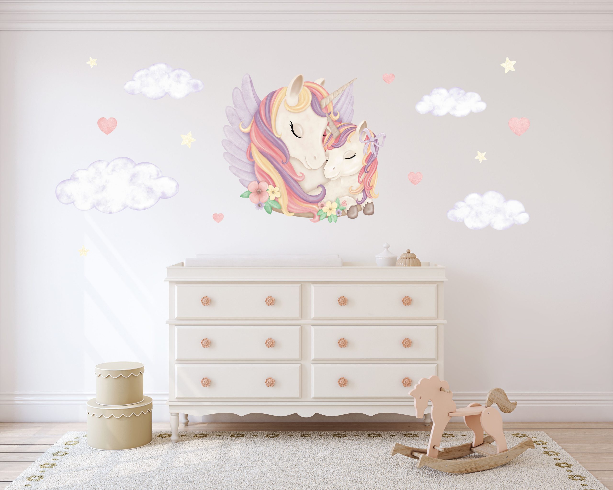 Adesivi murali per bambini – Unicorni, mamma e puledro, cuori, stelle, colori pastello - immagine 6