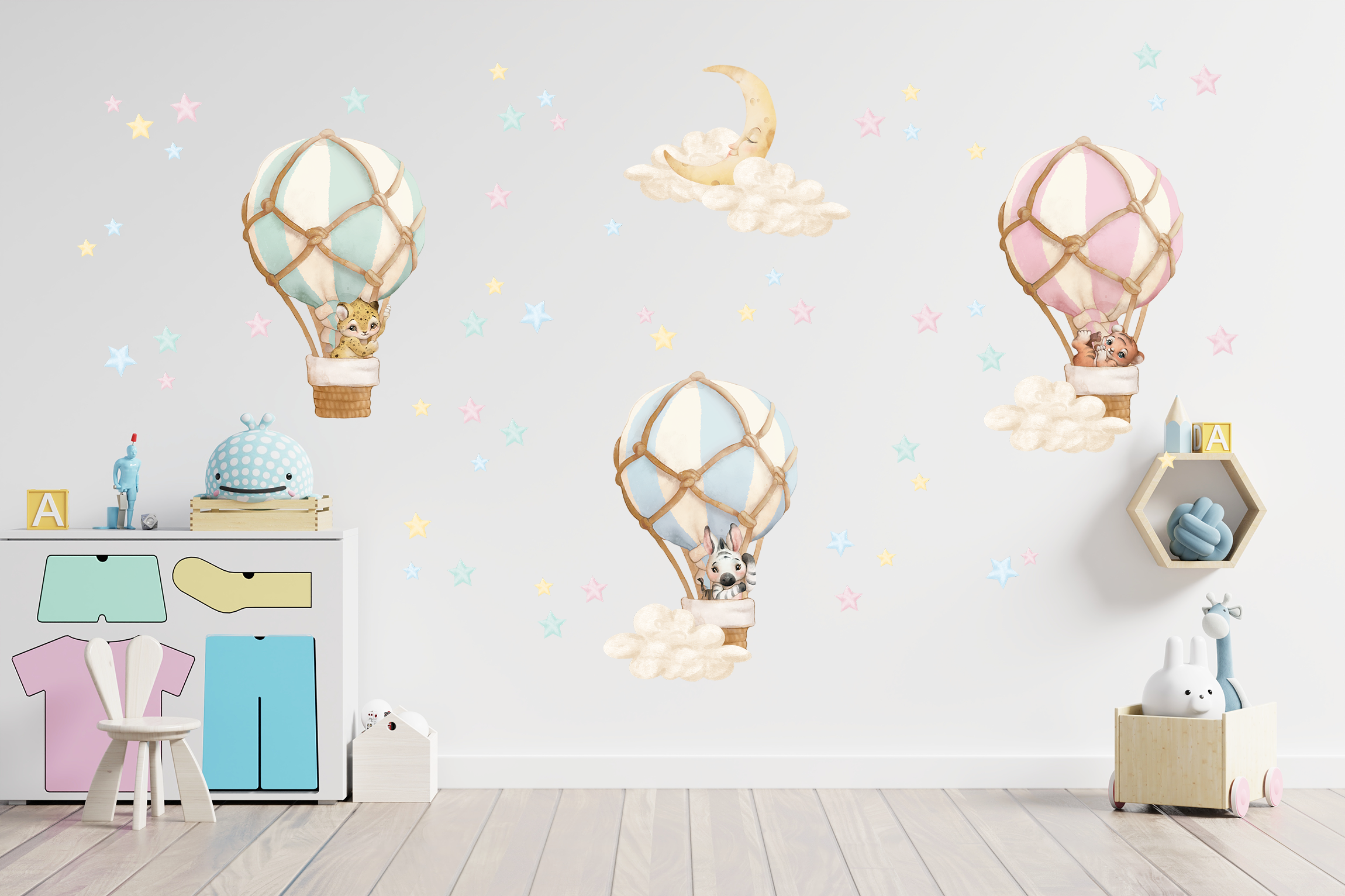 Adesivi murali – Palloncini, animali, stelle e luna in toni pastello blu - immagine 6