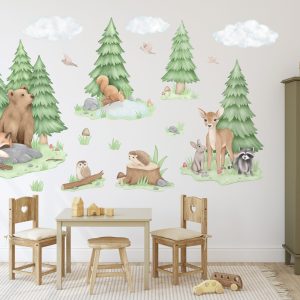 Adesivi murali – Animali del bosco: orso, volpe, cerbiatta, gufo, alberi