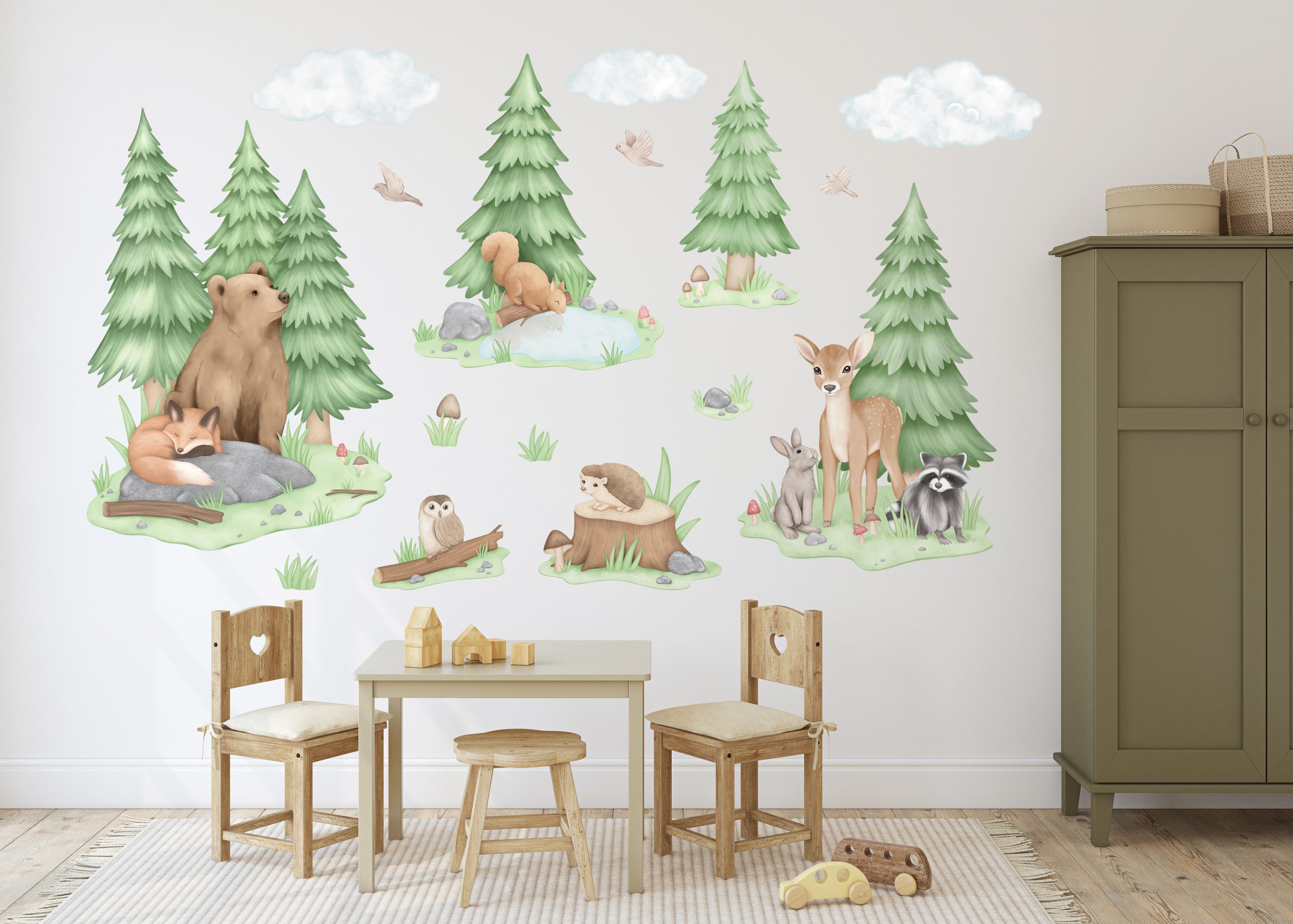 Adesivi murali – Animali del bosco: orso, volpe, cerbiatta, gufo, alberi - immagine 2