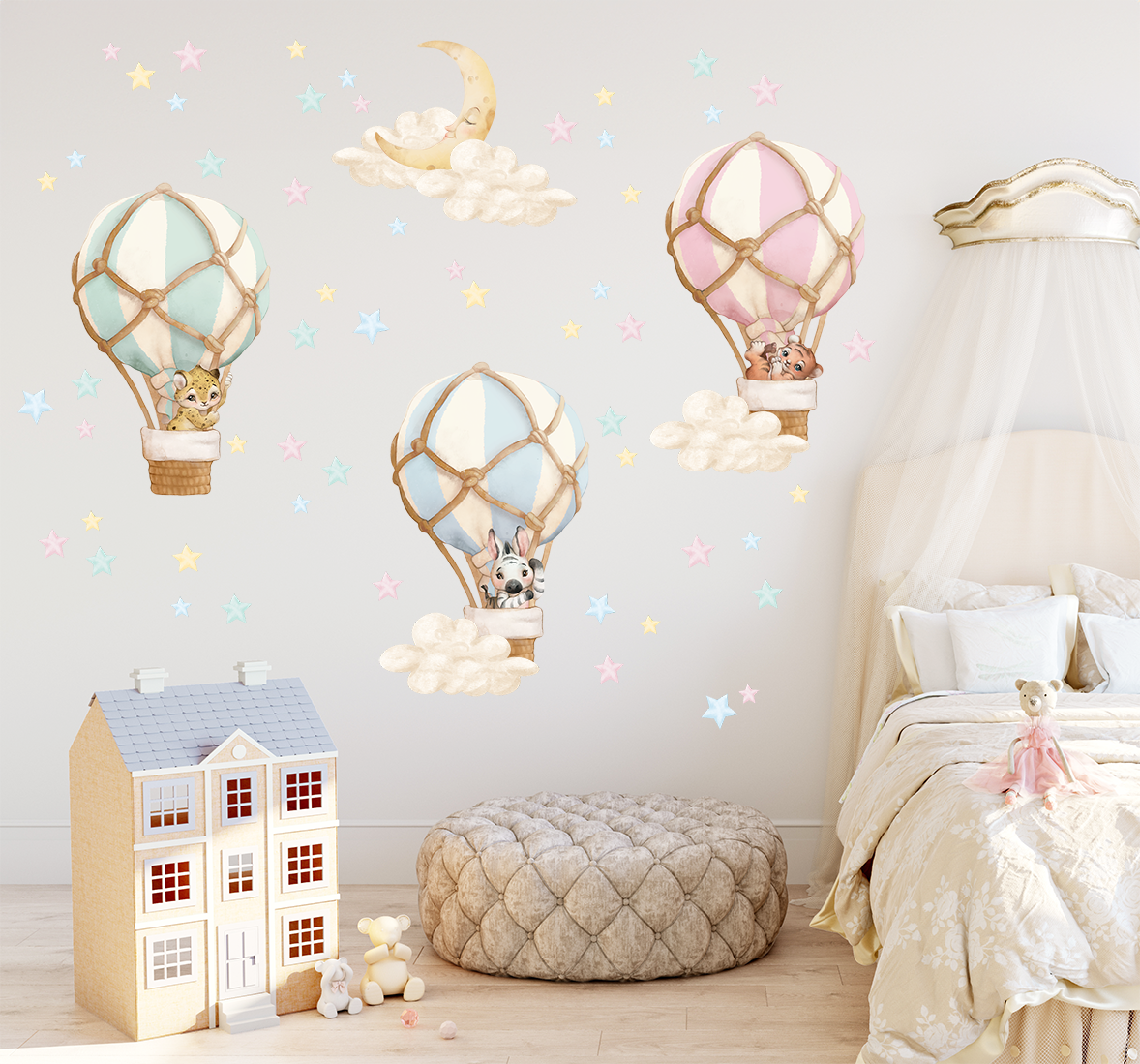 Adesivi murali – Palloncini, animali, stelle e luna in toni pastello blu - immagine 7