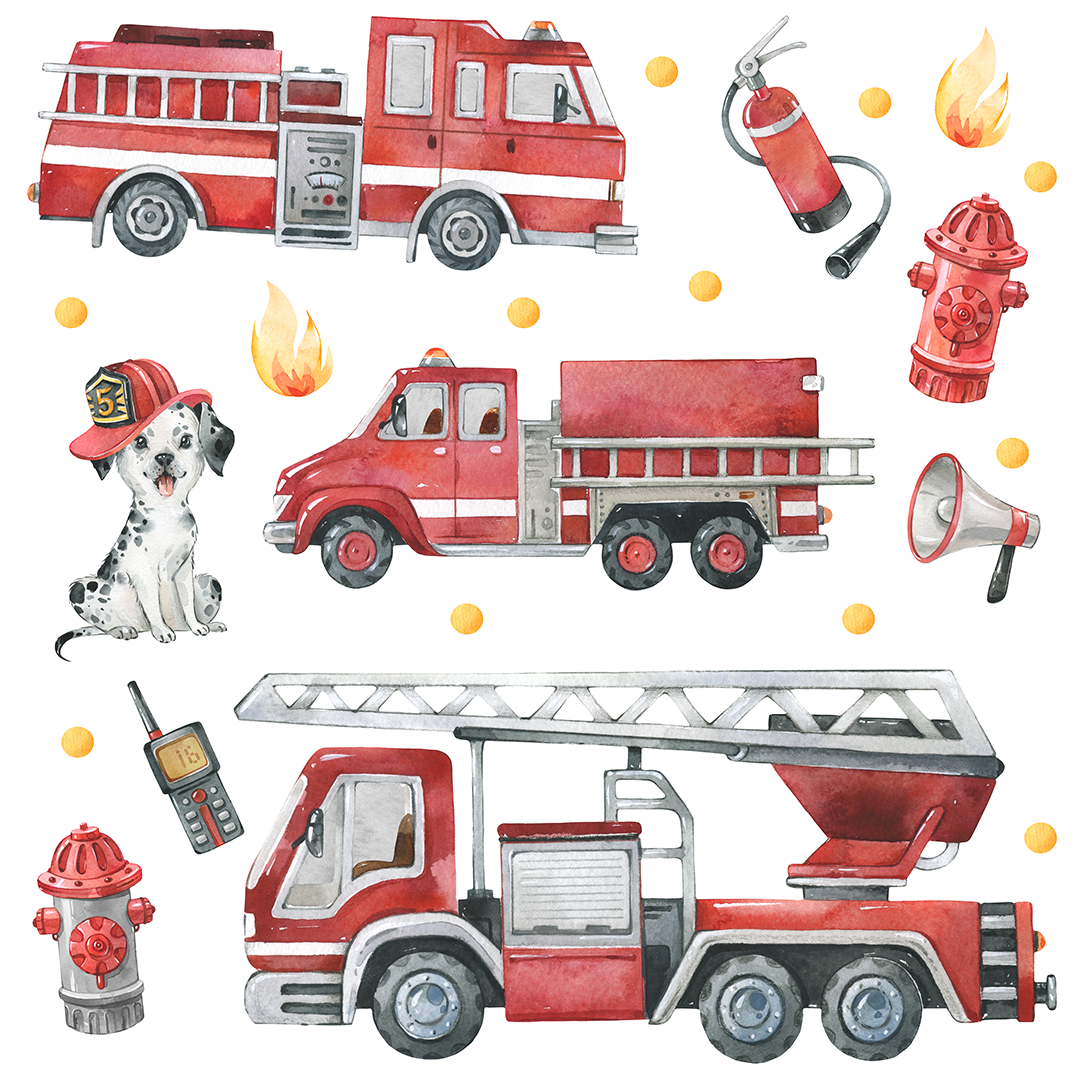 Adesivi murali per bambini – Camion dei pompieri, pompieri e accessori - immagine 7
