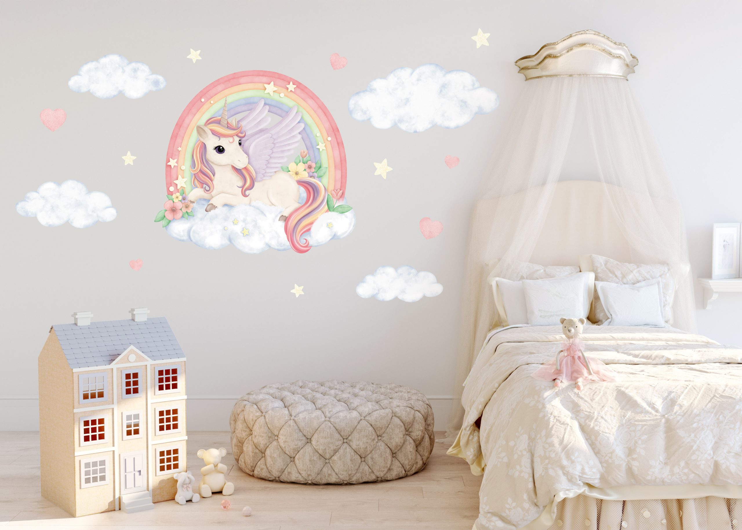 Adesivi murali per bambini – Unicorni, mamma e puledro, cuori, stelle, colori pastello - immagine 7