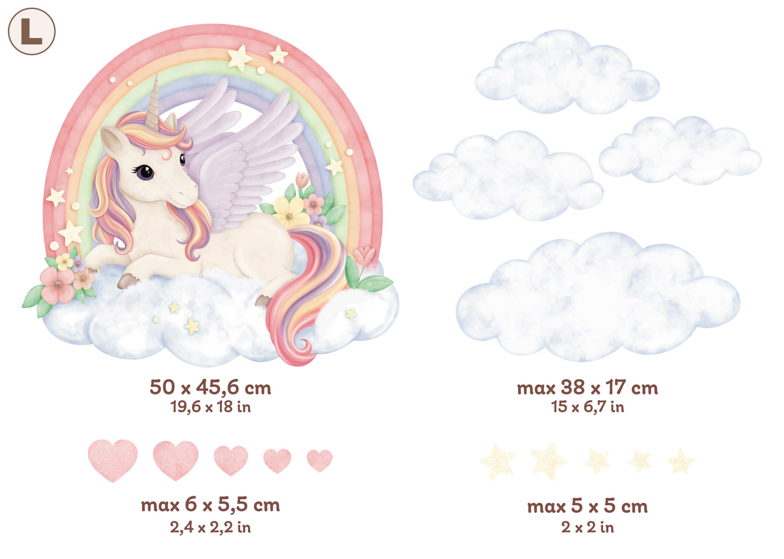 Adesivi murali per bambini – Unicorno, Pegaso, arcobaleno, nuvole, stelle e cuori in colori pastello - immagine 8