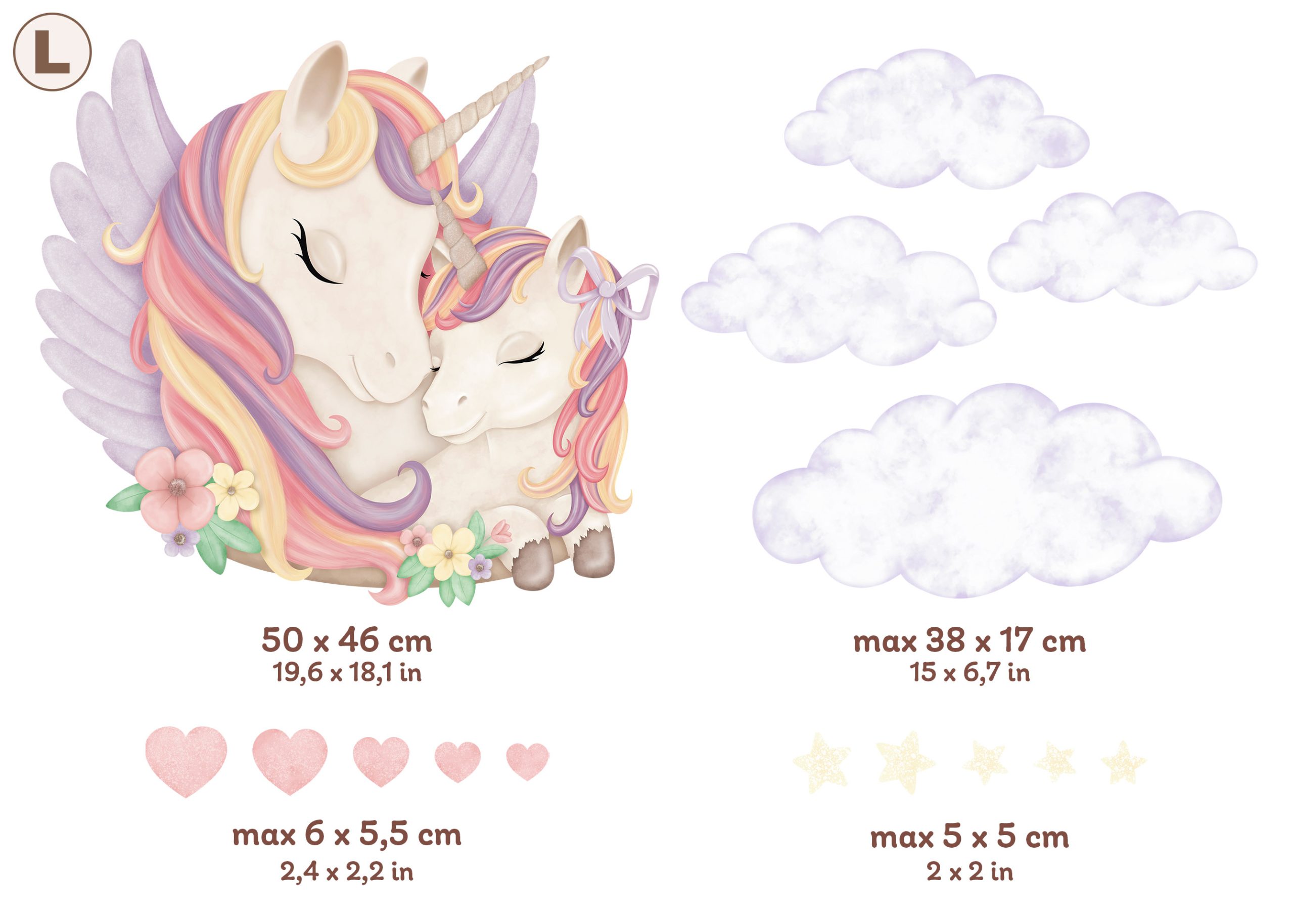 Adesivi murali per bambini – Unicorni, mamma e puledro, cuori, stelle, colori pastello - immagine 8