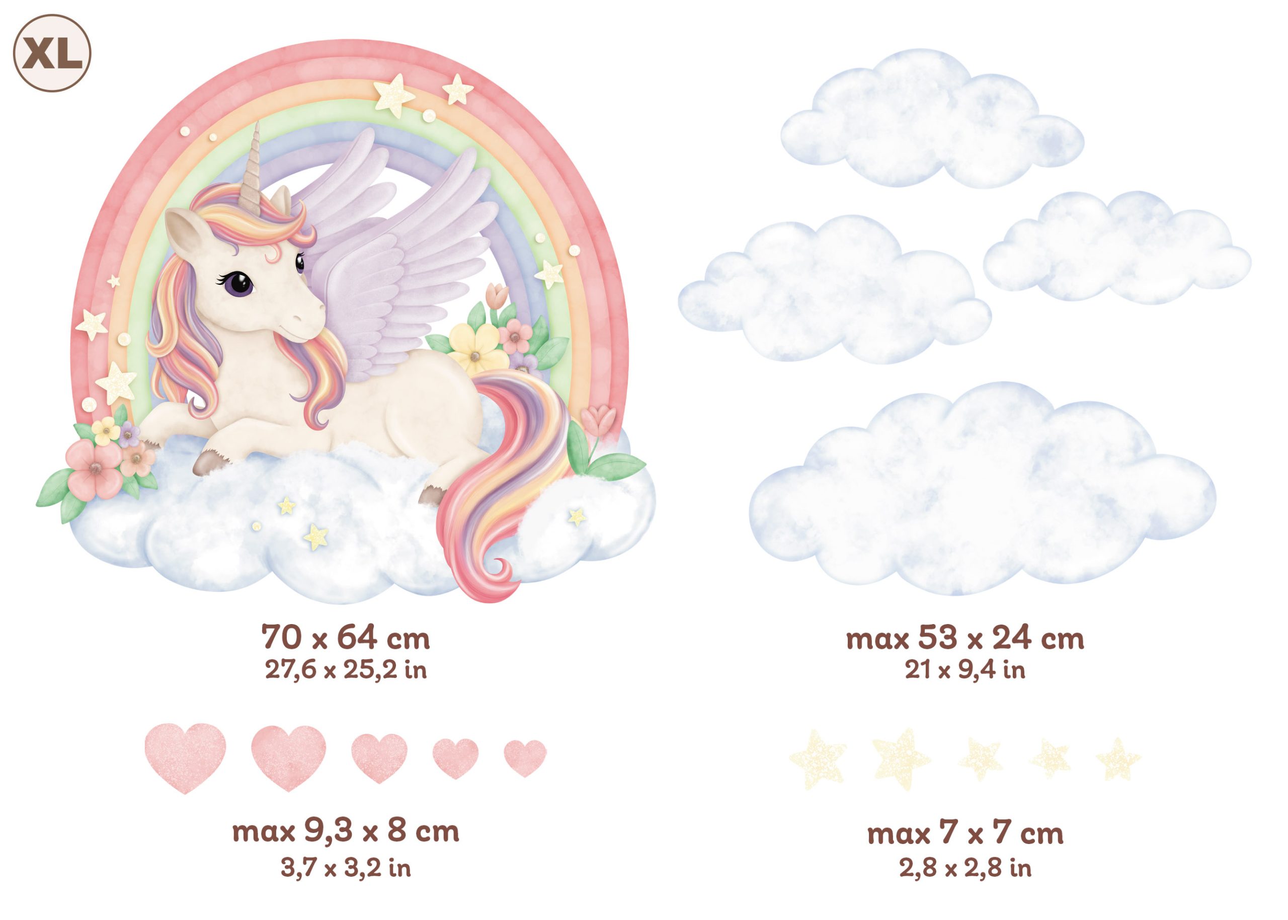 Adesivi murali per bambini – Unicorno, Pegaso, arcobaleno, nuvole, stelle e cuori in colori pastello - immagine 9
