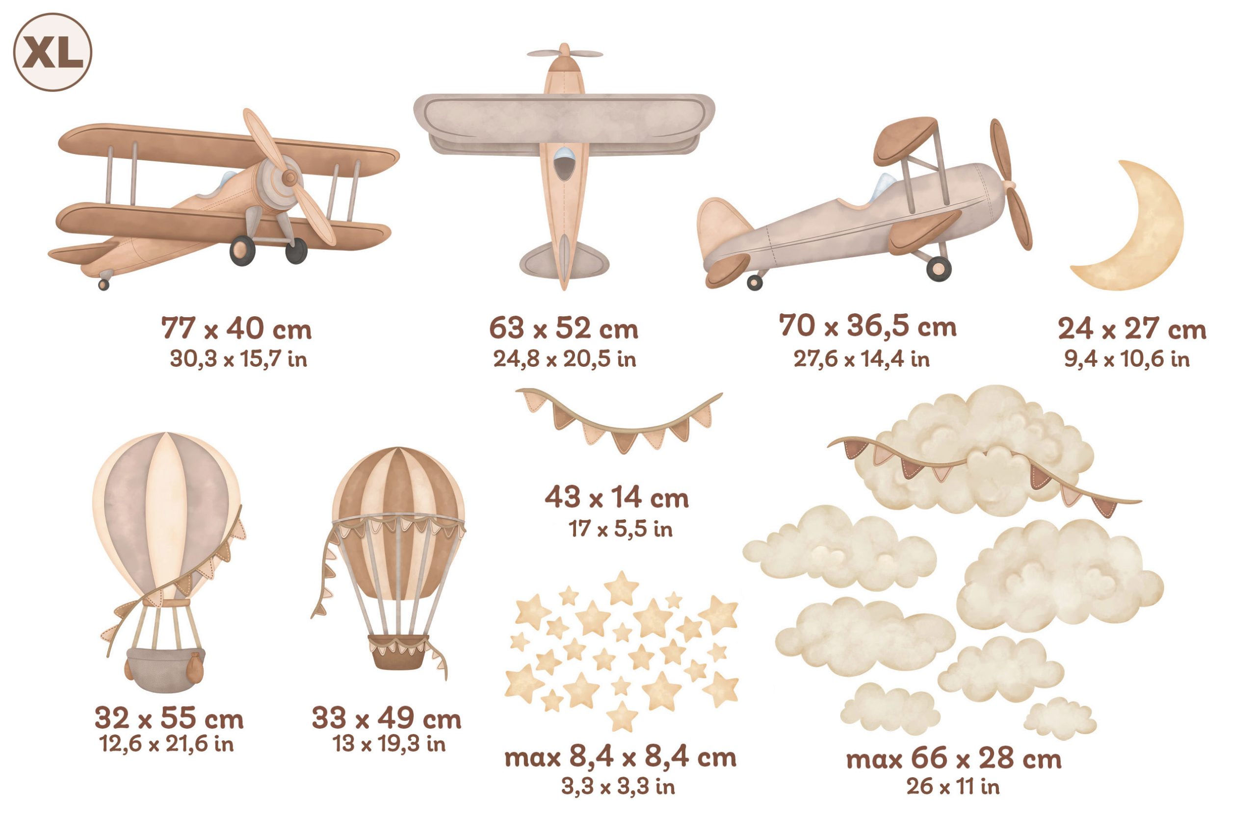 Adesivi murali – Aerei, mongolfiere e stelle in tonalità beige e marroni - immagine 9