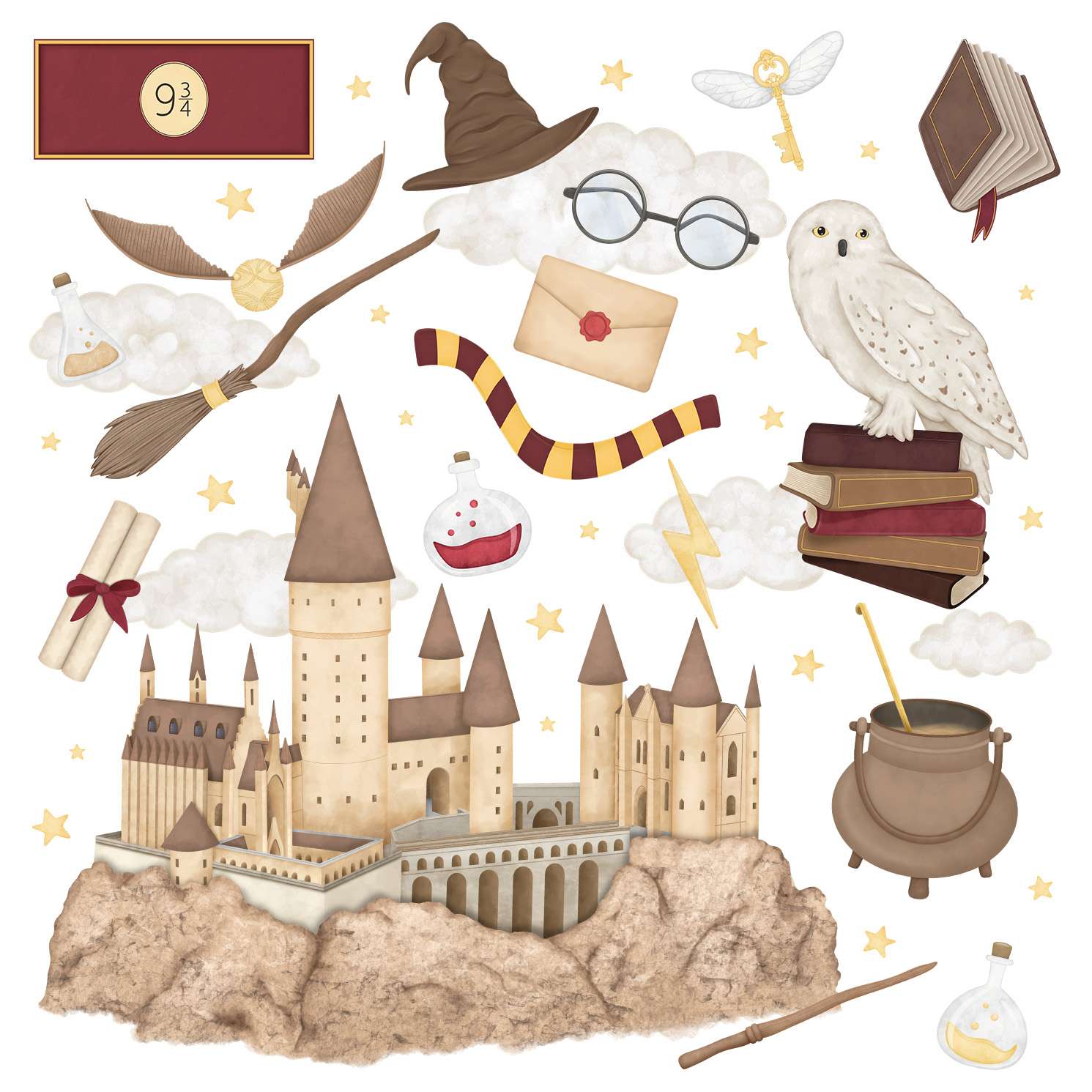Adesivi murali – Scuola di magia, castello, gufo e accessori incantati